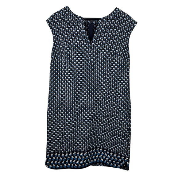 Ann Taylor | Navy Blue White Print Split Neck Cap Sleeve Shift Dress - Picture 1 of 9
